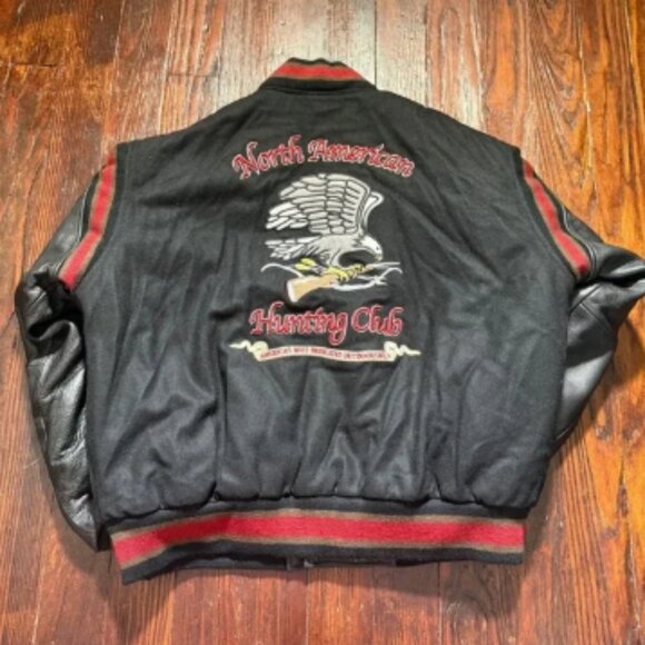 VTG North American Hunting Club Jacket Mens L Black Leather Wool Life Members - Picture 1 of 16